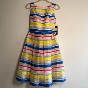 Leslie Fay Colorful Striped Sleeveless Vintage Dress, Sz 8. Fully lined. NWT.